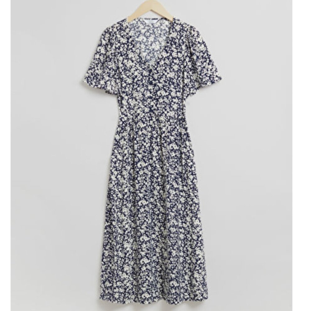 & Other Stories Flutter-Sleeve Midi Dress in Navy/White Floral, US 10